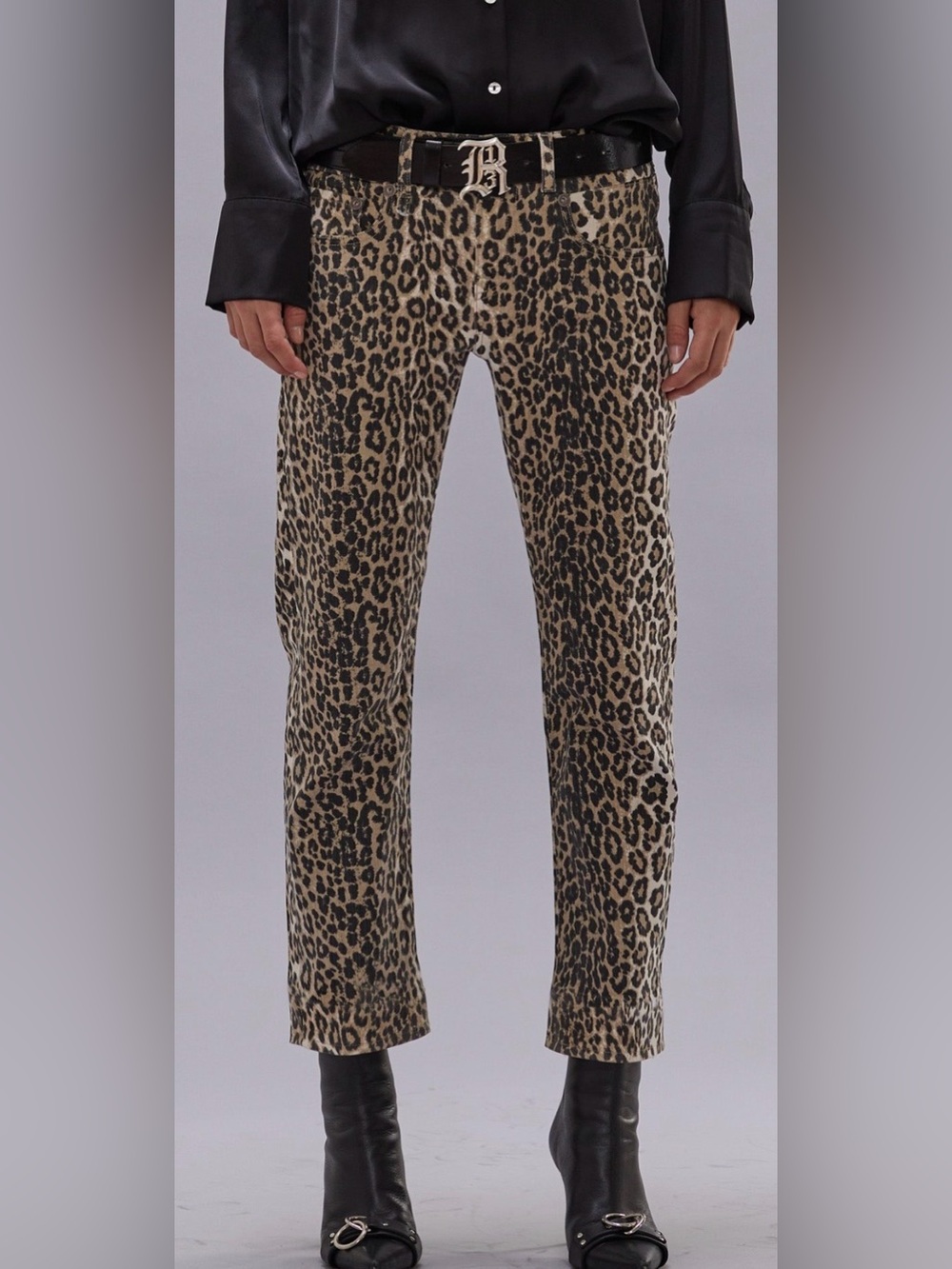 R13 NWT, Boy Straight, Ecru Leopard Stretch Cropped Jeans, Size 31 - Picture 2 of 12